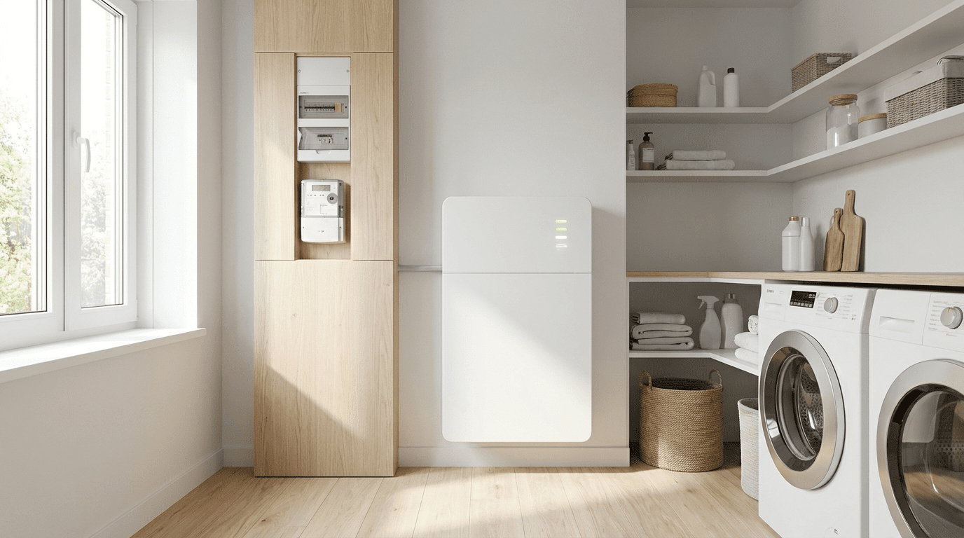 Witte wandgemonteerde thuisbatterij geïnstalleerd in moderne meterkast door Sinne Enerzjy